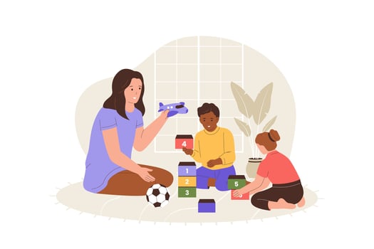 Home Child Care Illustration with Kids Playing Educational Toys and Parent Supervision vector