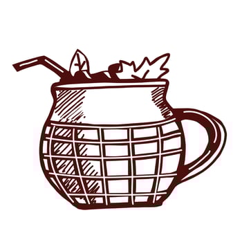 An autumn drink in a mug decorated with autumn leaves and marshmallows. Cozy seasonal beverage illustration. Hand-drawn sketch. vector
