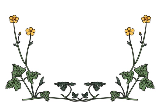 Botanical floral corner border isolated on white background. Hand drawn wildflower plant frame with yellow Flowers green Leaves Stems illustration. Graphic design element for Birthday Wedding vector