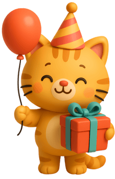 happy birthday cartoon smile cat with gift and balloon png