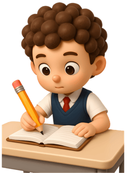 curly hair schoolboy writing on a notebook png