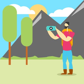 A man going hiking and take photo, flat illustration style vector