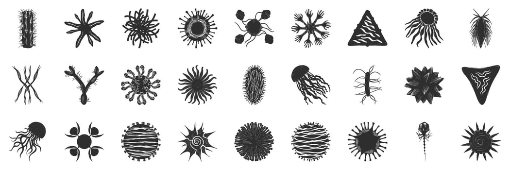 Abstract Microorganism And Virus Silhouette Set. Biological Diversity And Microscopic Life Forms Isolated Illustration vector