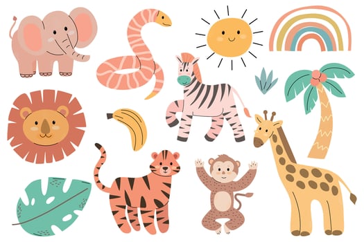 Colorful cartoon animals including an elephant, lion, zebra, tiger, monkey, and giraffe, along with a sun, rainbow, and tropical plants. vector
