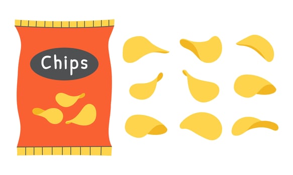 Potato chips packaging and individual chips. illustration. vector