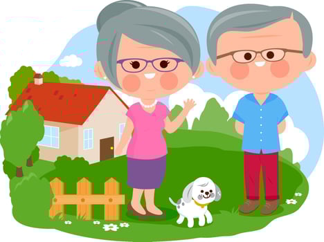 Happy senior people and their pet dog at the retirement home in the beautiful country. Old man and woman standing in front of their house in nature. vector