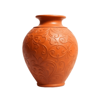 Elegant terracotta vase with intricate floral swirl embossing isolated on transparent background png