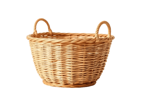 A classic woven wicker basket with two handles isolated on transparent background png