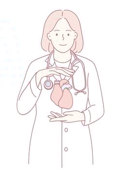 A Doctor Holding an Anatomical Heart Model in a Professional Medical Setting for Education vector