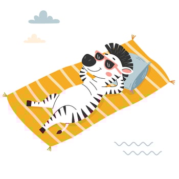 Cute cartoon zebra with sunglasses on the beach. Flat illustration in a simple children's style on white background vector