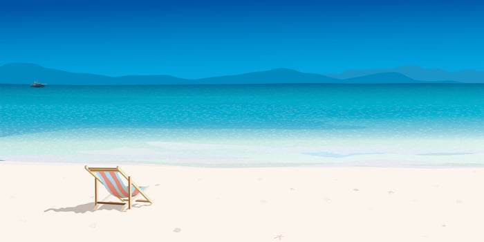 Beach chair at white sand beach and tropical blue sea have mountain ranges and blue sky background graphic illustration. vector