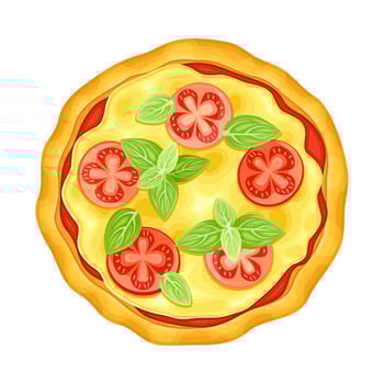 Top view of vegetarian pizza with tomato and basil leaves. Tasty Italian fast food illustratio vector