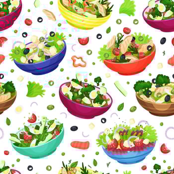 Tasty healthy dishes in bowls seamless pattern. Tasty natural meal banner, background, wallpaper, cover, textile, packaging illustration vector