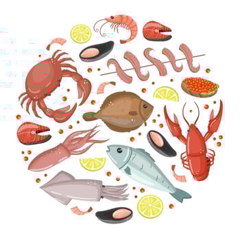 Fresh seafood in circular shape. Fish market, restaurant, fishery products shop poster, card, background illustration vector