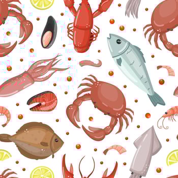 Fresh seafood seamless pattern. Background, wallpaper, cover, textile, packaging design for fish market, restaurant, fishery products shop vector