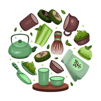 Traditional Japanese and Chinese tea ceremony utensils and accessories in circular shape. Asian cafe, restaurant poster, card, background vector
