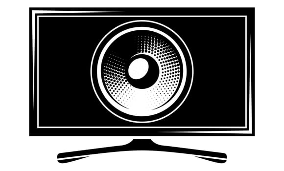 Monochrome illustration of loudspeaker inside television screen in modern comic halftone pop art style vector