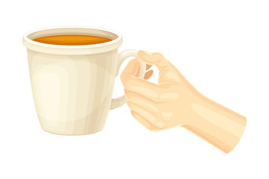 Hand holding white ceramic mug of tea illustration vector