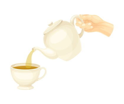Hand pouring hot black tea from ceramic teapot into mug illustration vector
