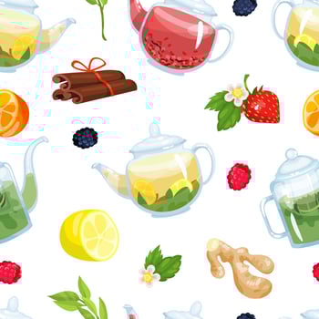 Organic tea seamless pattern. Herbal healthy drink background, wallpaper, cover, textile, packaging illustration vector