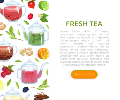 Organic tea card with text. Herbal healthy drink, aromatherapy, homeopathy brochure. Tea shop, organic product advertising, packaging illustration vector