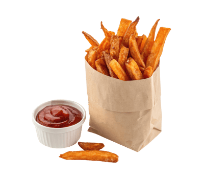 Crispy sweet potato fries with ketchup served in a paper bag isolated on a transparent background png
