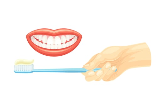 Healthy teeth smile and hand with toothbrush. Oral hygiene illustration vector