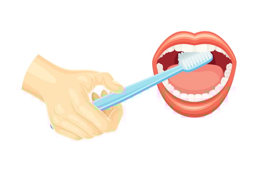 Hand cleaning teeth with toothbrush and toothpaste. Mouth with white teeth. Oral hygiene illustration vector