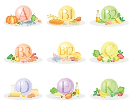Sources of vitamins set. Healthy nutrition food and dietary supplements illustration vector