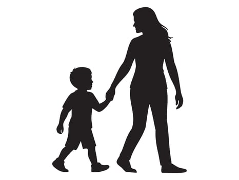 Black Silhouette of woman holding child boy s hand while walking, isolated on white background. concept of family, mother and son, motherhood, parenting, bonding, togetherness, design element. vector