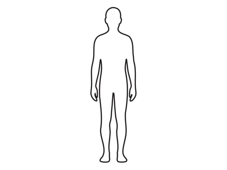 Minimal black outline icon of standing adult man front view isolated on white background. Concept of human body shape, anatomy figure, generic male symbol, medical diagram vector