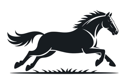 Elegant Black Horse Galloping Silhouette on White Background with Grass Illustration for Logo Icon or Design Element vector