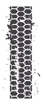 Dark tire track with a hexagonal pattern is imprinted on a white background, leaving a grunge, textured mark, suggesting movement and rugged terrain vector