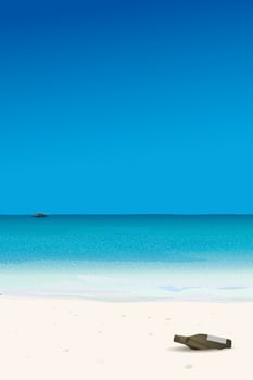 A letter in a bottle of liquor at white sand beach and tropical blue sea have blue sky vertical background graphic illustration. vector