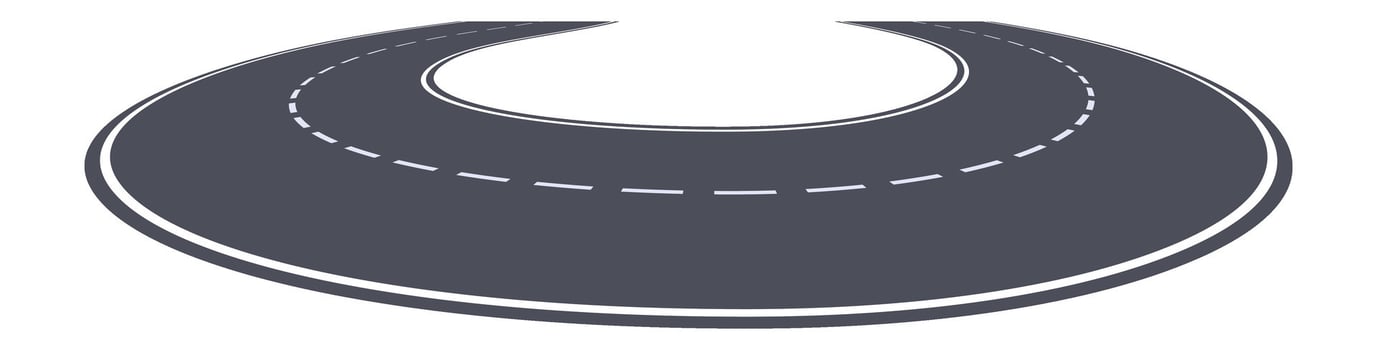Winding road making a u turn with dashed lines marking the center of the road, representing a change of direction, return, or roundabout way, isolated on a white background vector