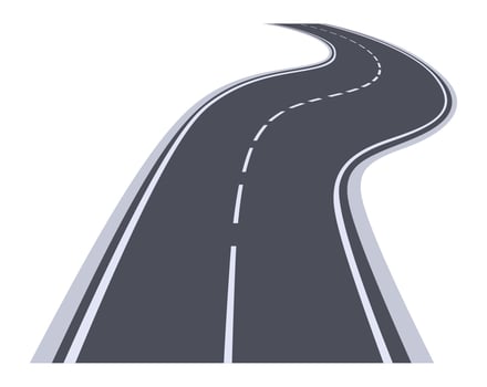 Winding asphalt road disappearing into the distance with white dashed lines extending on a white background, representing journey, travel, and transportation concepts vector