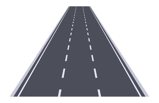 Straight asphalt road stretching into the horizon against a white background, featuring perspective lines and white dashed markings that divide the lanes, symbolizing endless journeys vector