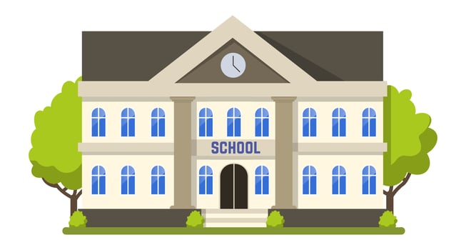 Large school building featuring a clock and trees, representing back to school with modern urban architecture in a college or university campus, illustration in flat style vector
