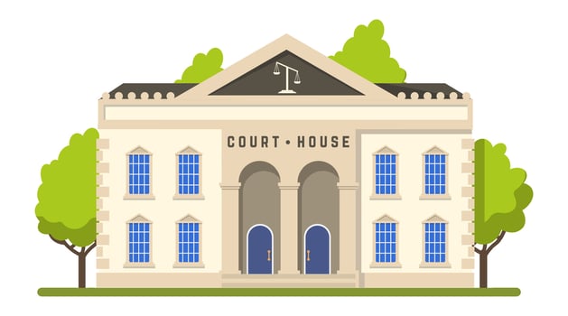 Courthouse building with scales of justice symbol on facade representing law, government, and justice system, with trees and lawn surrounding the building vector