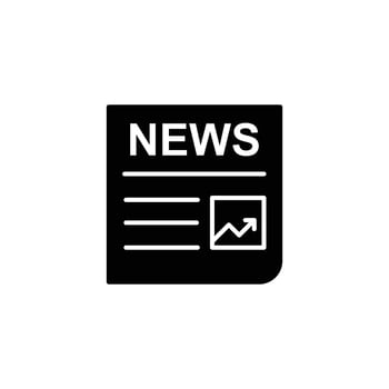 Black news icon depicting a newspaper with a graph showing growth. Represents current events and information. vector