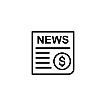 Line art icon depicting a newspaper with a dollar sign, representing financial news. vector
