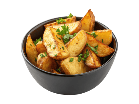 Side view of baked potato wedges on a black porcelain bowl isolated on a transparent background png