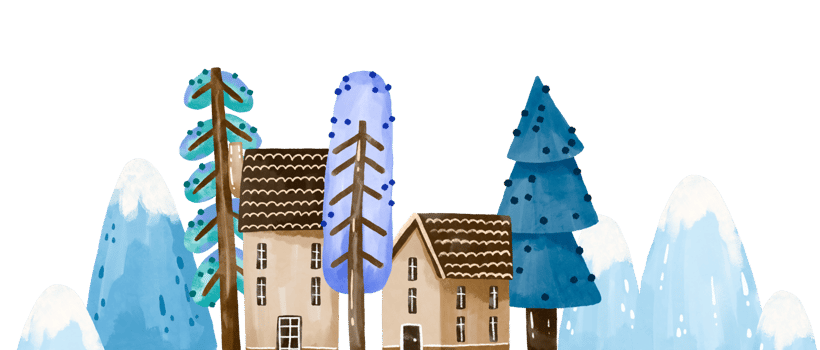 Simple cartoon watercolor landscape with mountains, trees and houses. Hand drawn kids room decor png