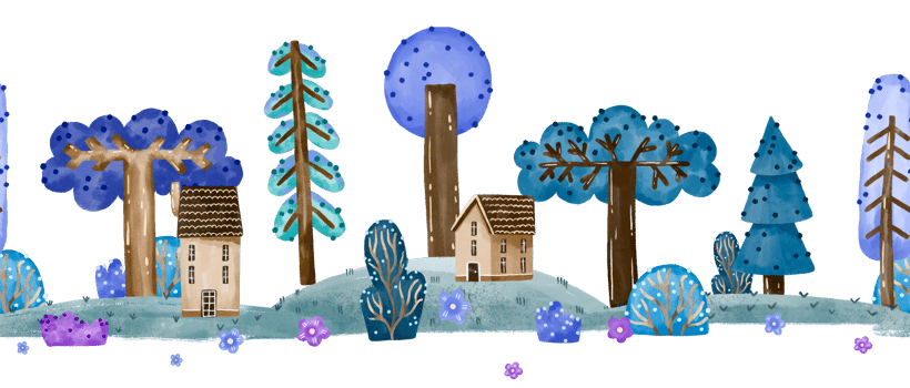 Border seamless pattern with houses, forest forest trees, fir, spruce, bushes. Watercolor hand drawn background. Cartoon illustration png