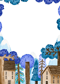 Baby shower template. Vertical greeting card with mountains, houses and trees. Fairy landscape invitation. png