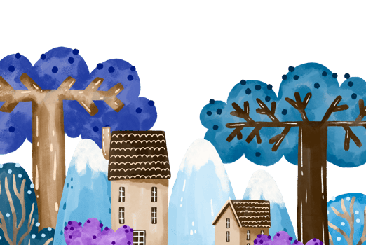 Landscape composition with colored trees, mountains and houses. Hand drawn watercolor nature landscape png