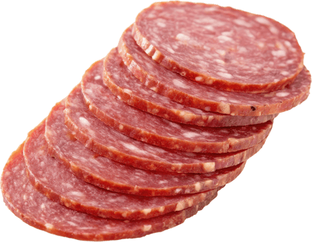 Stack of thinly sliced salami with visible fat specks png