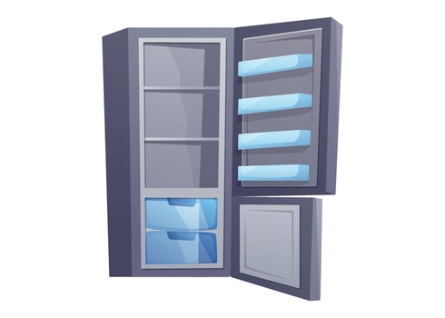 Cartoon isolated illustration of an open empty fridge. Modern side by side refrigerator with shelves and drawers, perfect for kitchen designs, games, or educational materials. vector