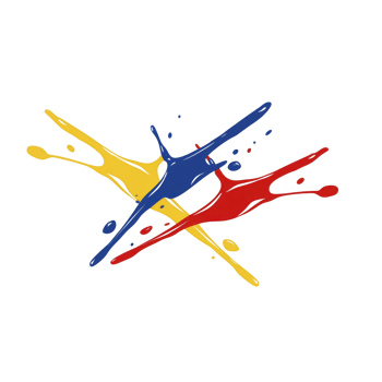 Colorful splashes of yellow, blue, and red paint intersect dynamically, creating energetic and abstract design. vibrant colors and fluid shapes convey sense of movement and creativity png