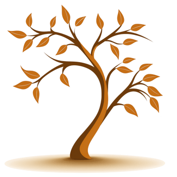 Stylized illustration of tree with curved trunk and branches, featuring brown leaves, set against transparency background. design is simple and elegant, evoking sense of nature and growth png
